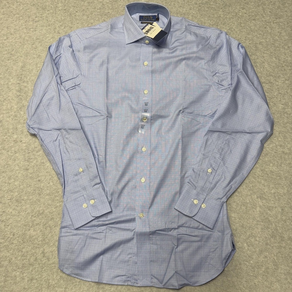 Polo Ralph Lauren Dress Shirt Mens 14.5 32/33 Blue Plaid Slim Fit Easy Care